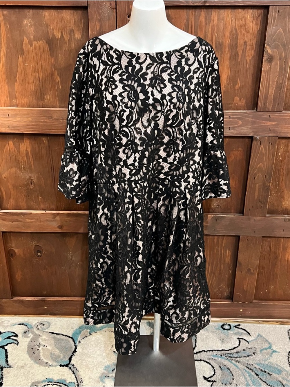 Eliza J Black Lace Overlay Dress with Nude Underlay